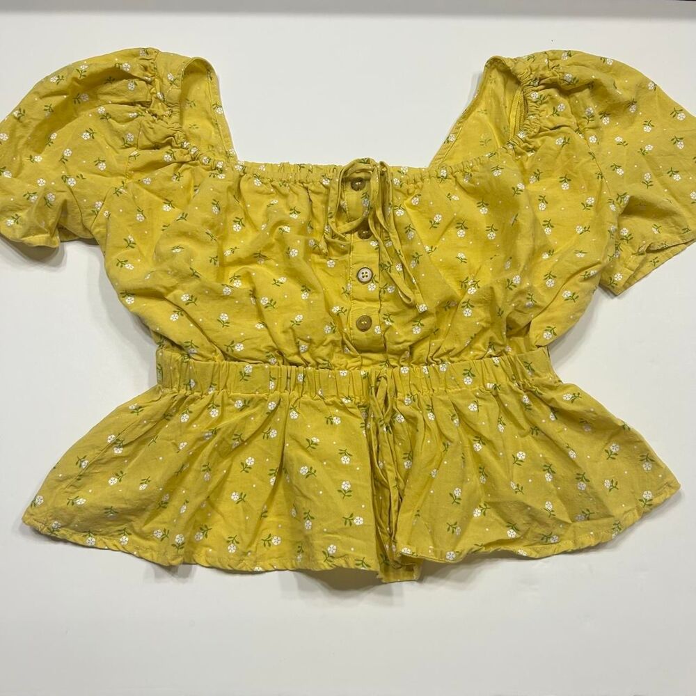 Line-dot Women's Yellow Floral Babydoll Blouse